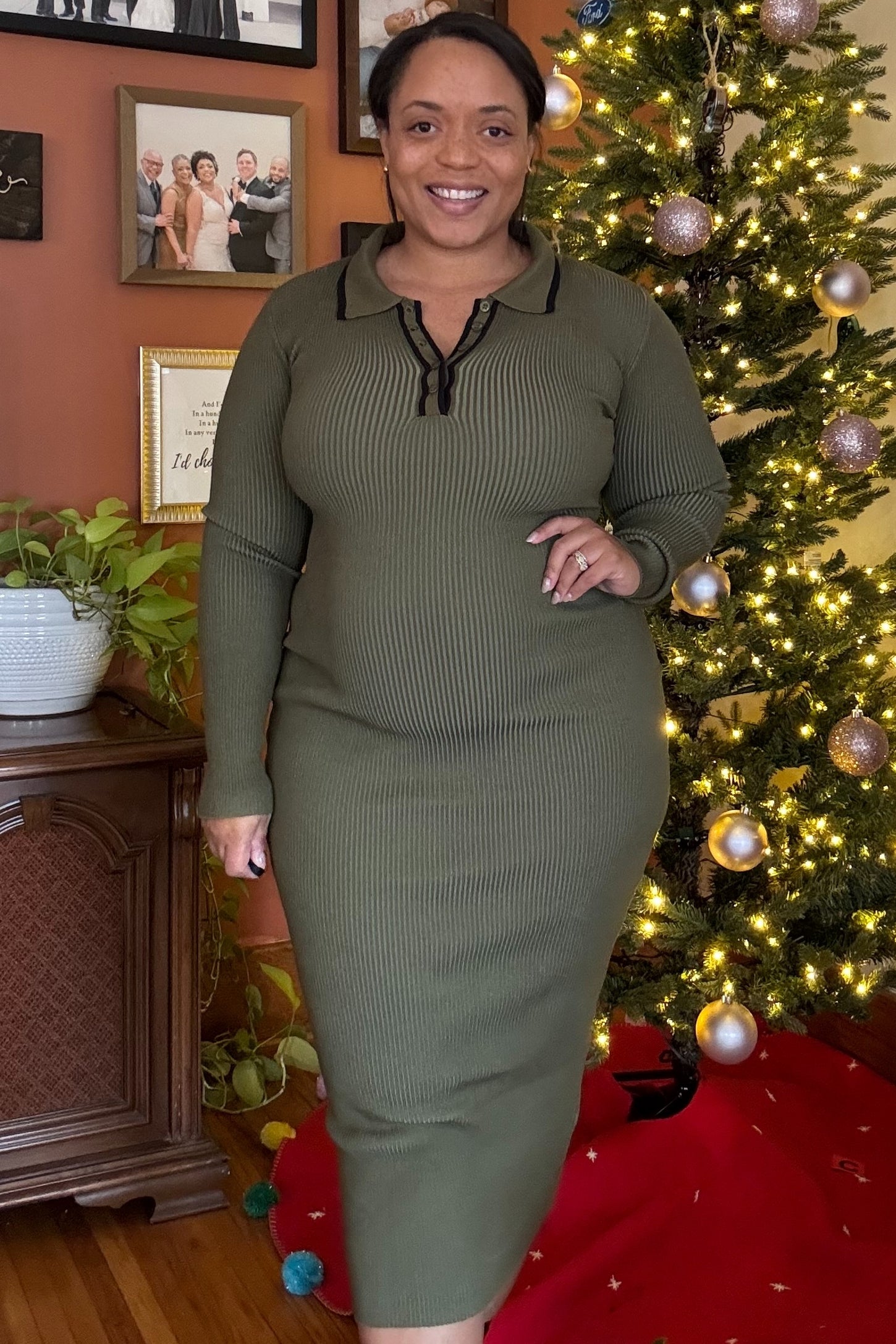 Olive Contrast Trim Ribbed Knit Button Up Maternity Midi Dress