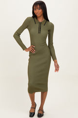 Olive Contrast Trim Ribbed Knit Button Up Midi Dress