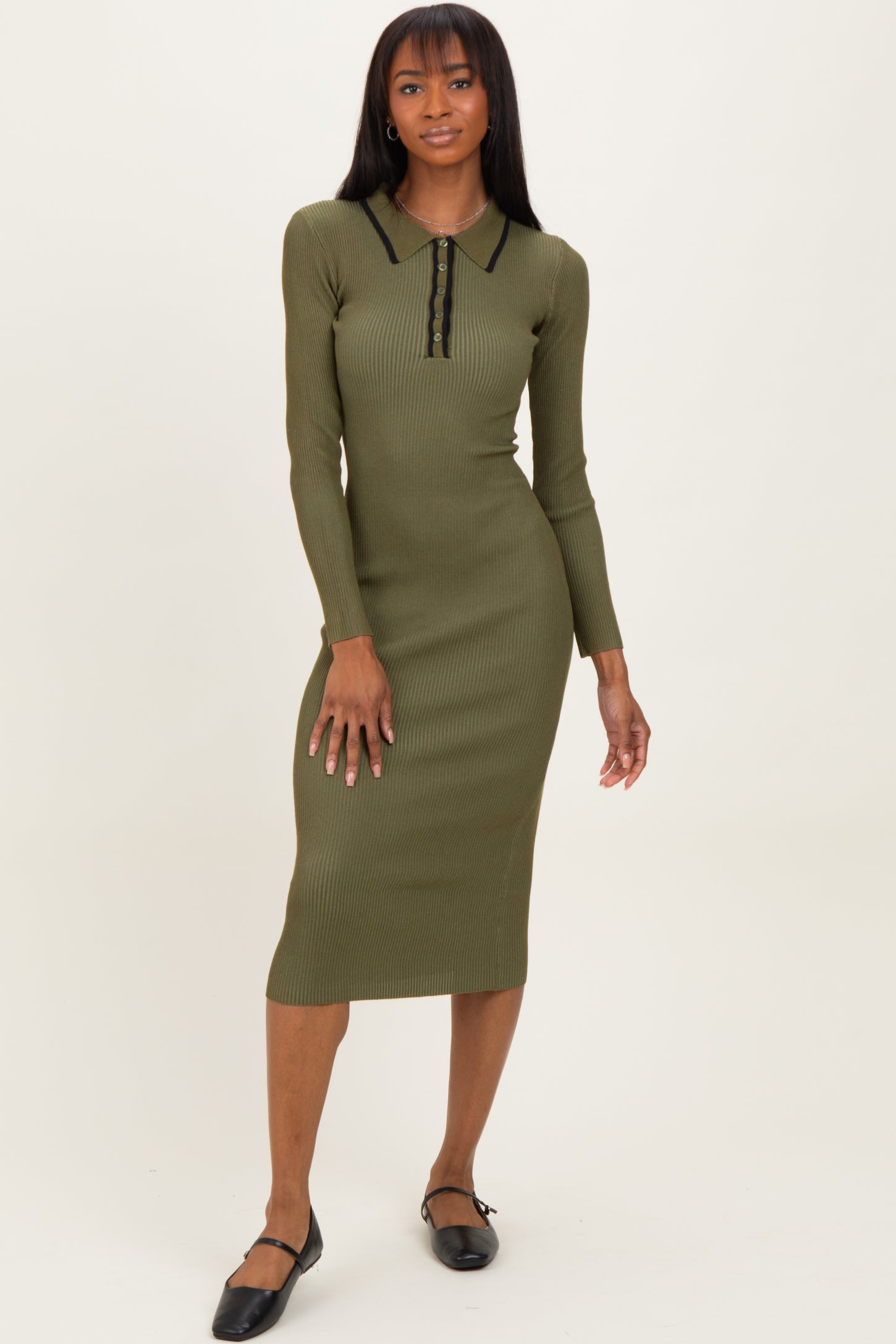 Olive Contrast Trim Ribbed Knit Button Up Midi Dress