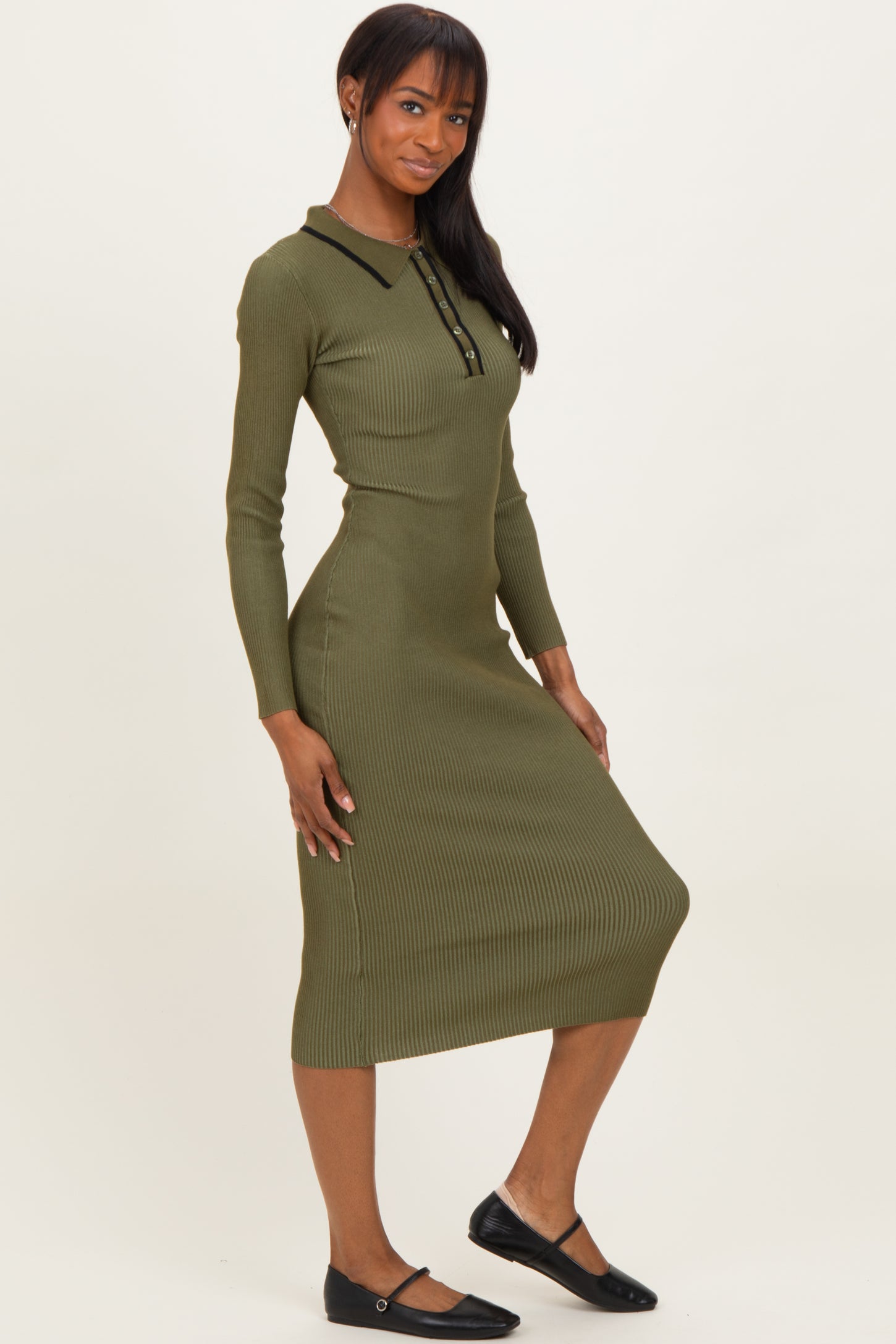 Olive Contrast Trim Ribbed Knit Button Up Midi Dress