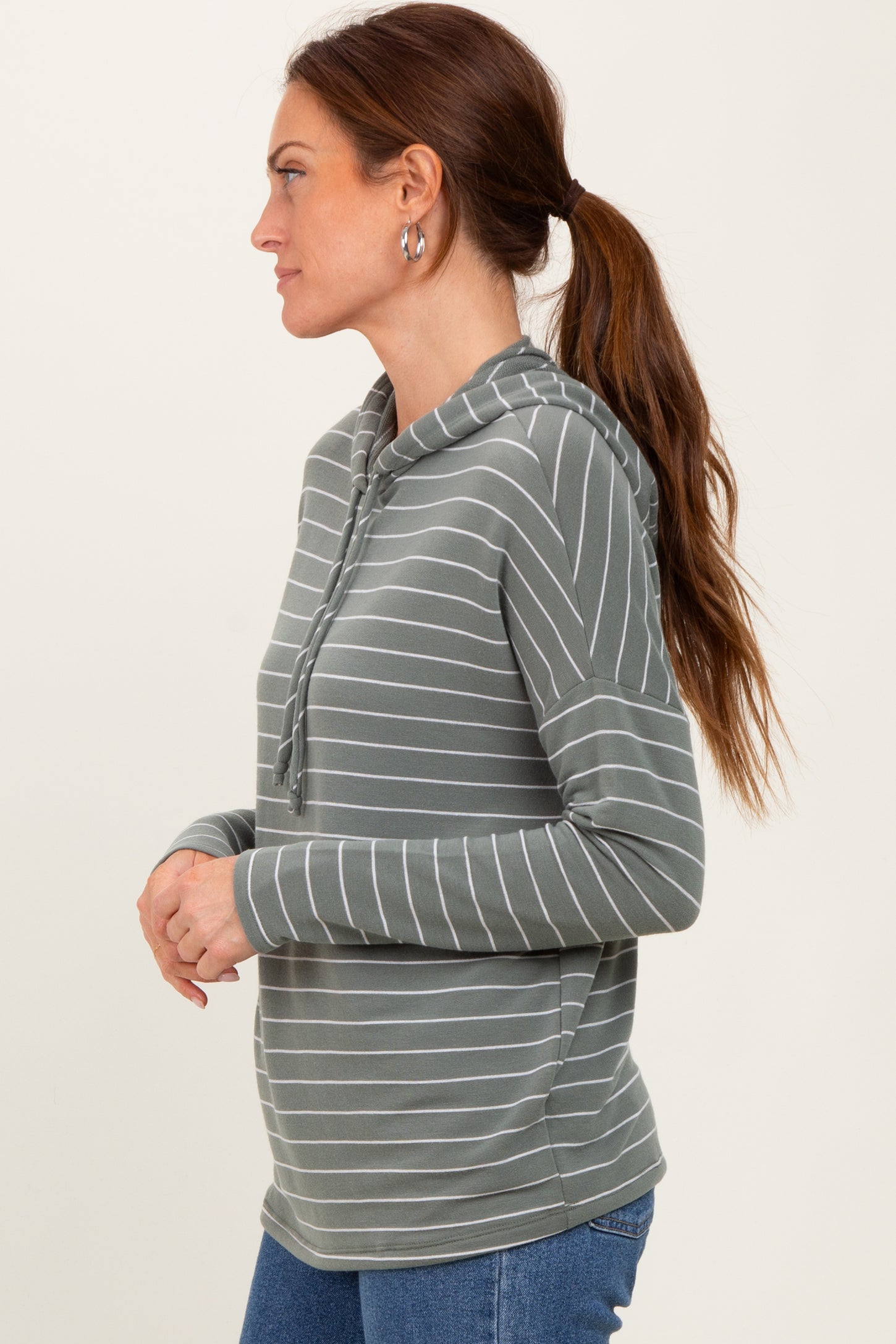 Olive Striped Drawstring Hoodie Top