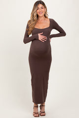 Mocha Long Sleeve Side Slit Maternity Maxi Dress