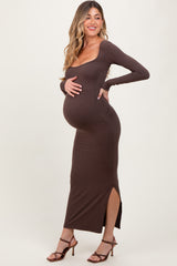 Mocha Long Sleeve Side Slit Maternity Maxi Dress