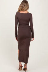 Mocha Long Sleeve Side Slit Maternity Maxi Dress