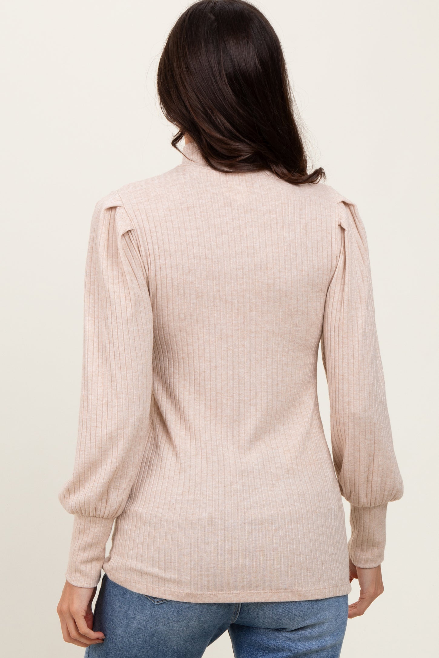 Beige Ribbed Mock Neck Bubble Sleeve Top