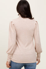Beige Ribbed Mock Neck Bubble Sleeve Top