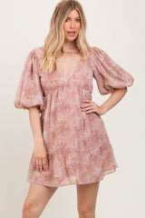 Pink Watercolor Floral Back Tie Puff Sleeve Dress