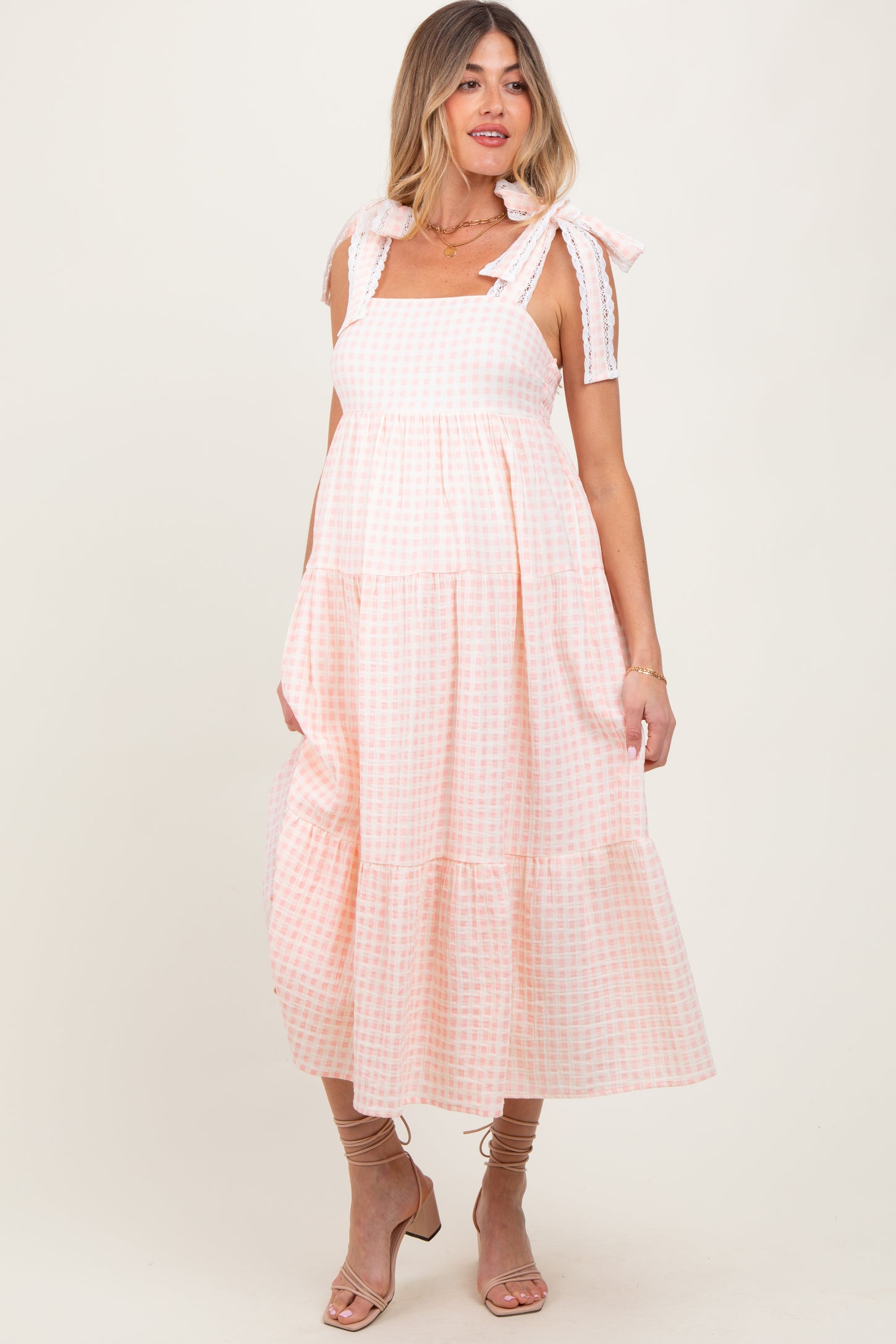 Light Pink Gingham Lace Trim Shoulder Tie Maternity Maxi Dress