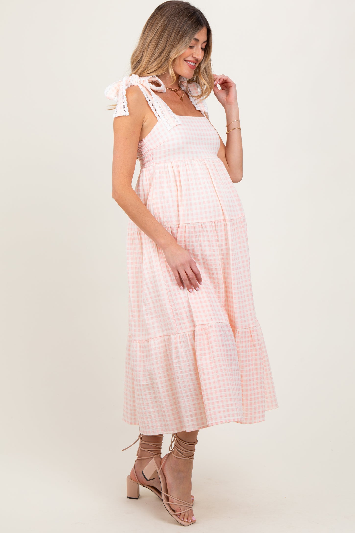 Light Pink Gingham Lace Trim Shoulder Tie Maternity Maxi Dress