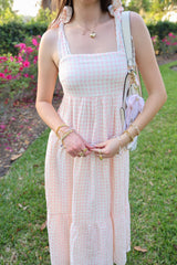 Light Pink Gingham Lace Trim Shoulder Tie Maxi Dress