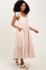 Camel Gingham Lace Trim Shoulder Tie Maxi Dress