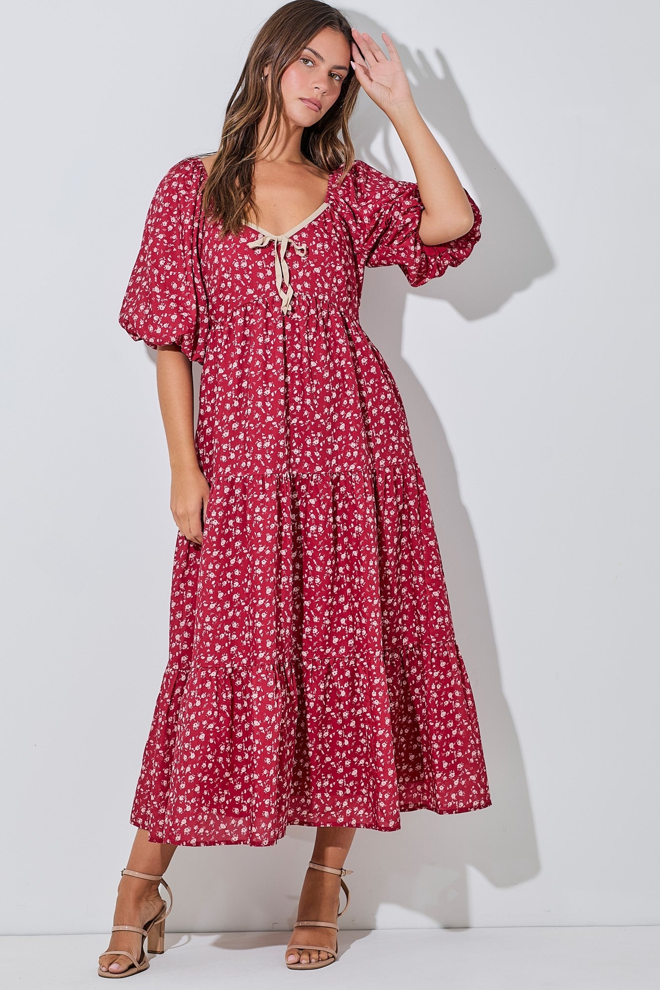Red Floral Puff Sleeve Tiered Maxi Dress