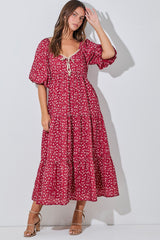Red Floral Puff Sleeve Tiered Maxi Dress