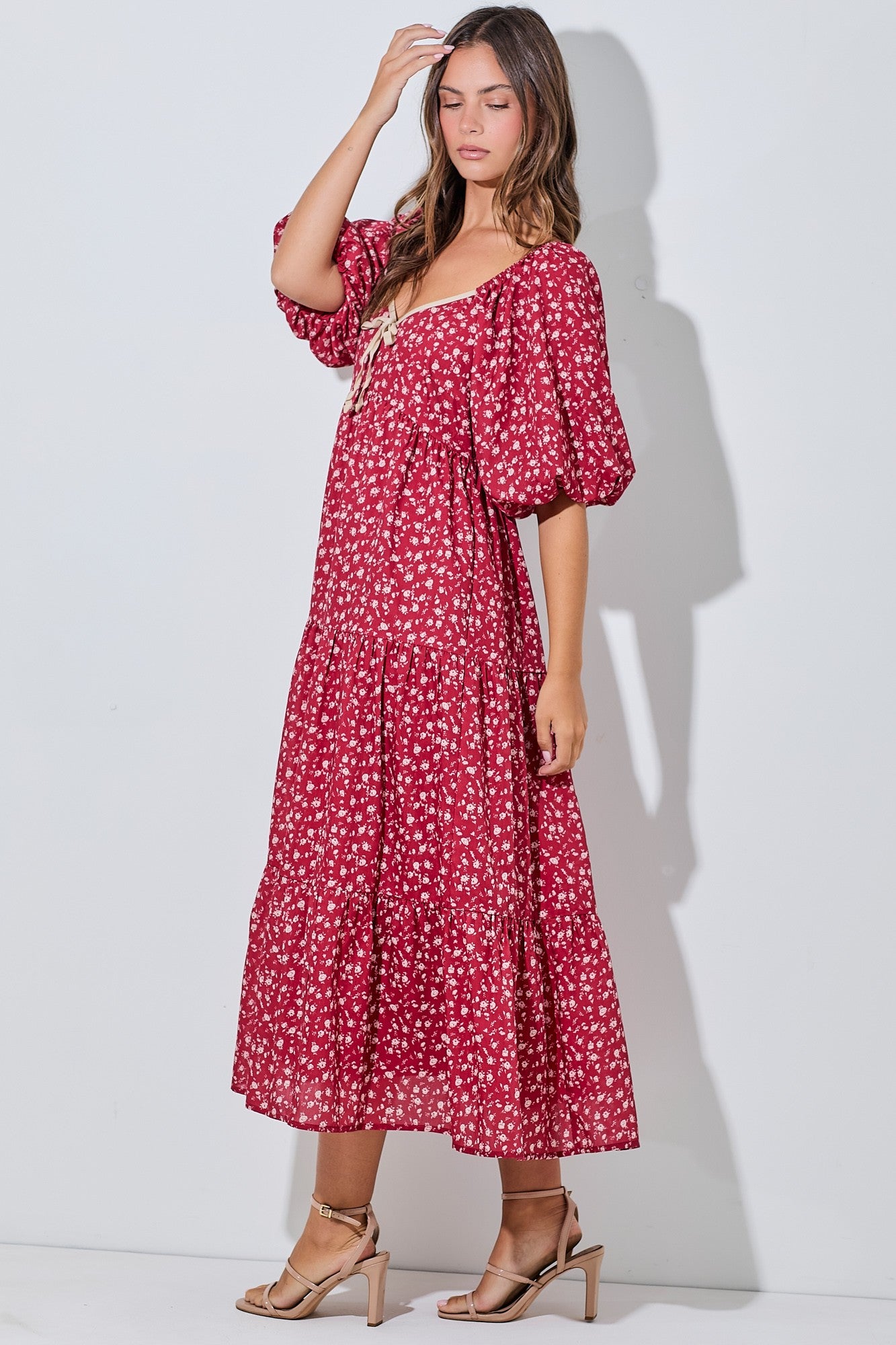 Red Floral Puff Sleeve Tiered Maxi Dress