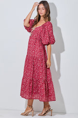Red Floral Puff Sleeve Tiered Maxi Dress