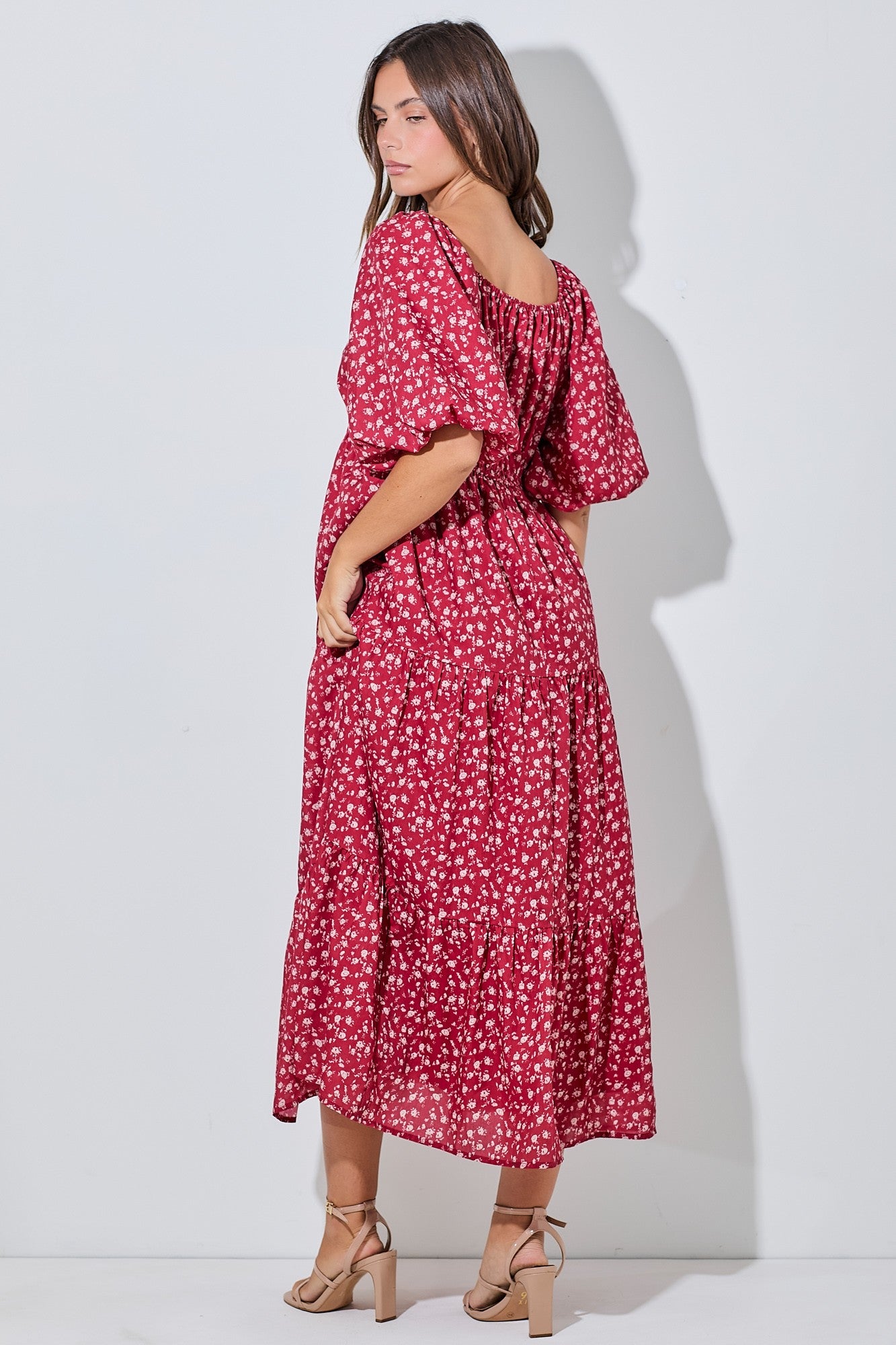 Red Floral Puff Sleeve Tiered Maxi Dress
