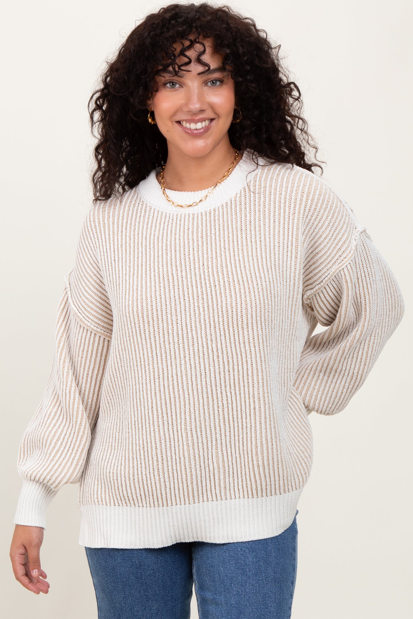 Taupe Ribbed Balloon Sleeve Sweater