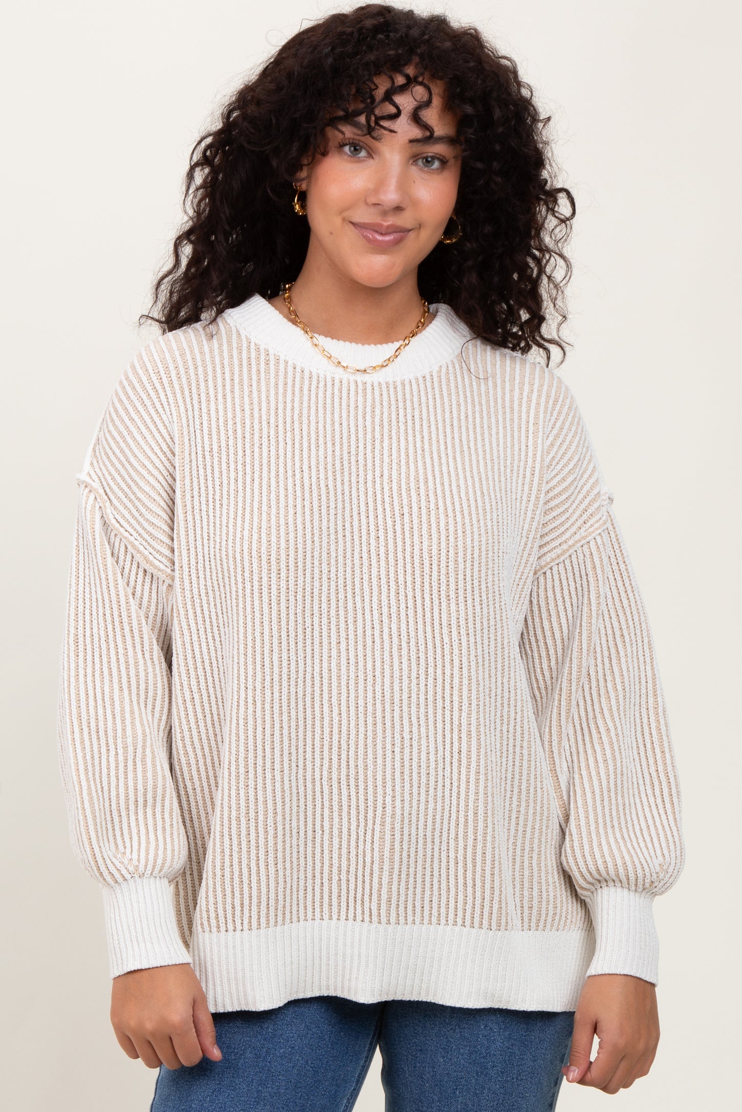 Taupe Ribbed Balloon Sleeve Sweater