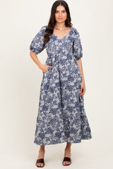 Navy Floral Tiered Puff Sleeve Midi Dress