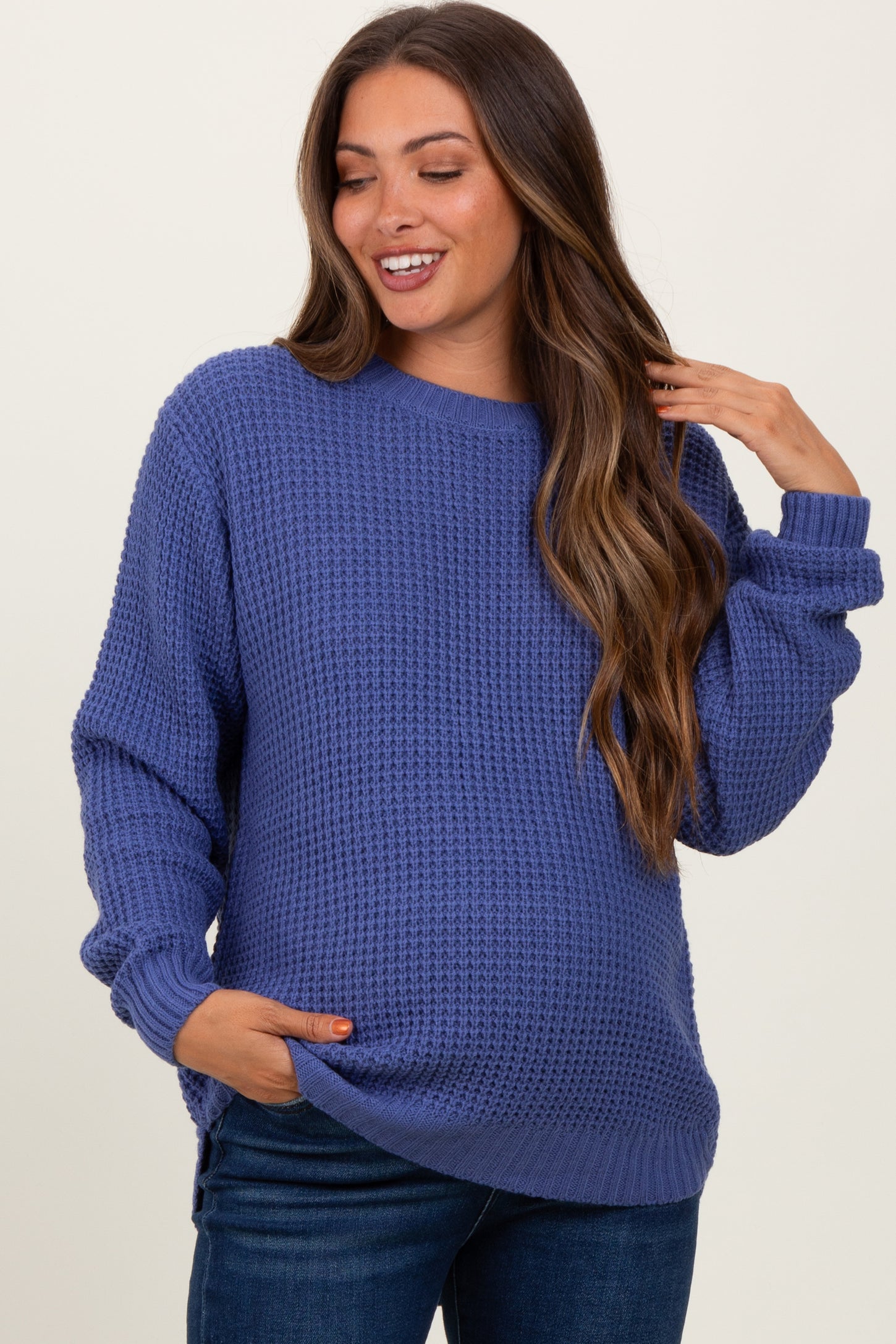 Periwinkle Waffle Knit Rounded Hem Maternity Sweater