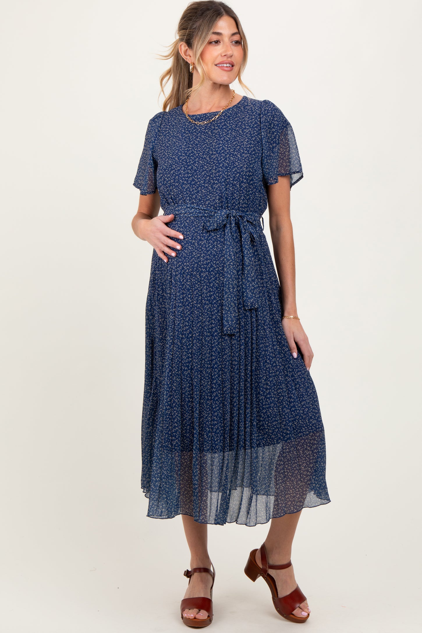 Navy Leaf Print Pleated Maternity Midi Dress