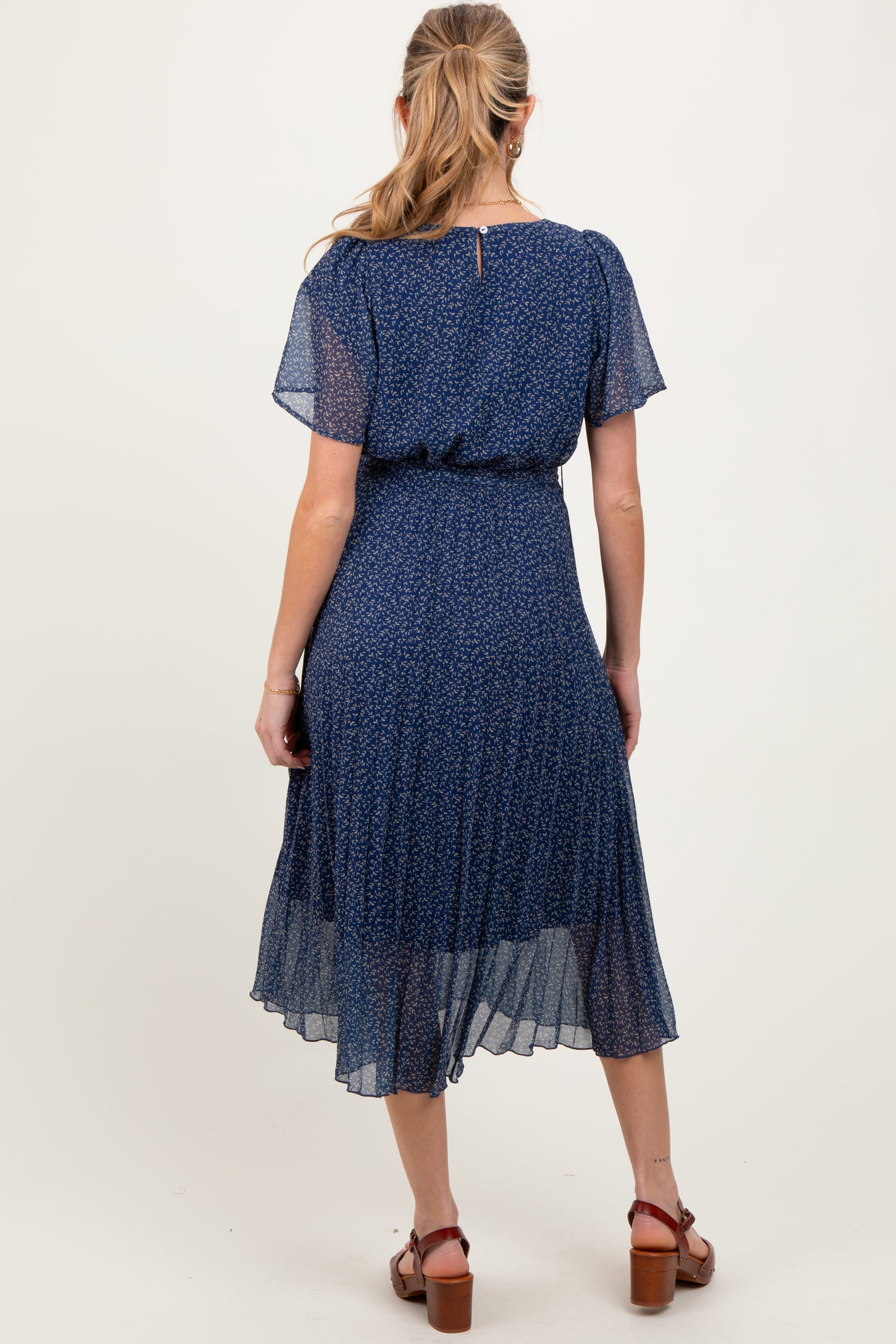 Navy Leaf Print Pleated Maternity Midi Dress