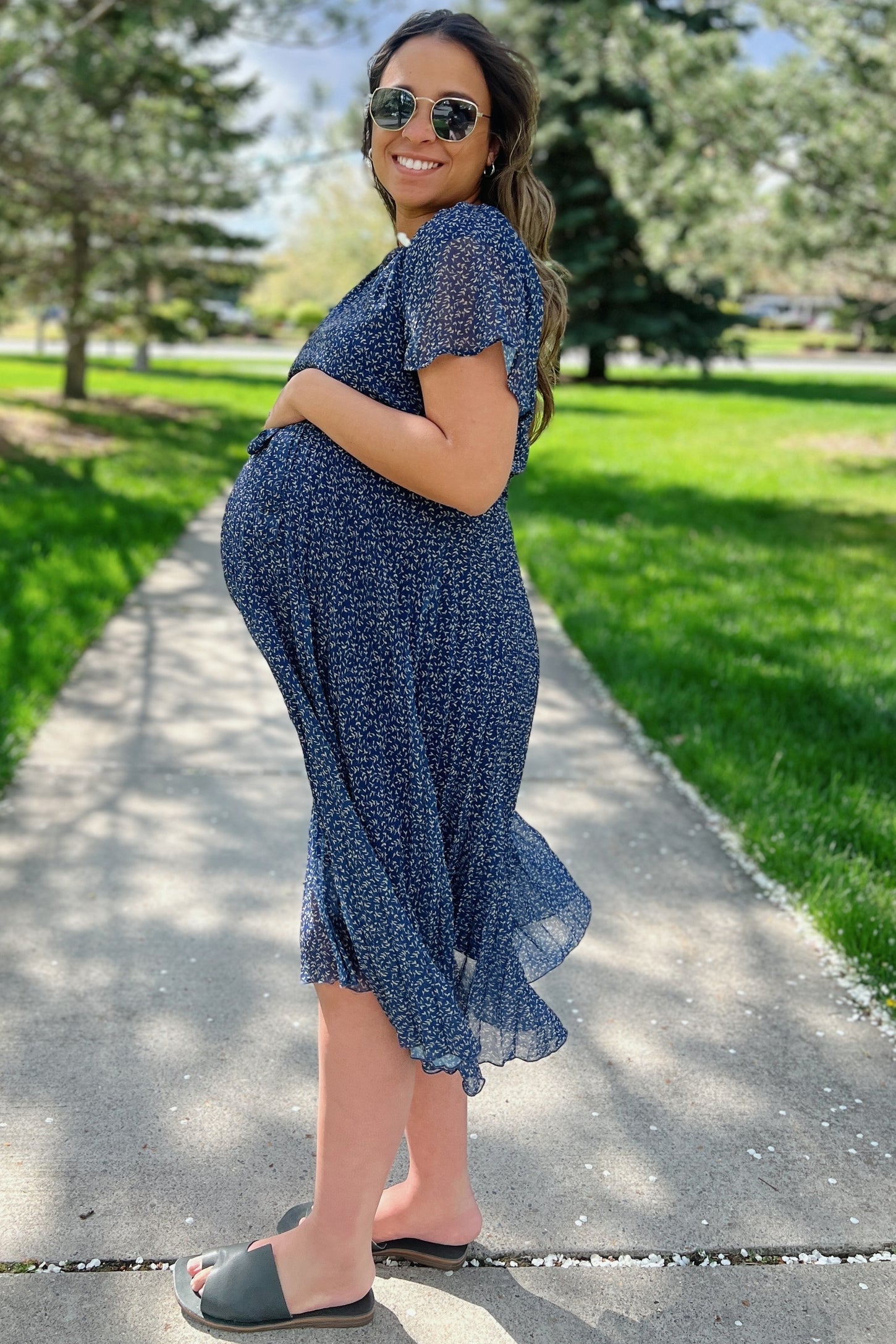 Navy Leaf Print Pleated Maternity Midi Dress