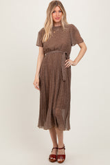 Mocha Leaf Print Pleated Maternity Midi Dress