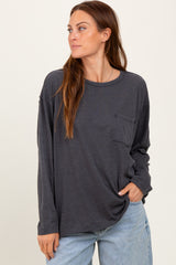 Charcoal Mineral Wash Front Pocket Long Sleeve Top