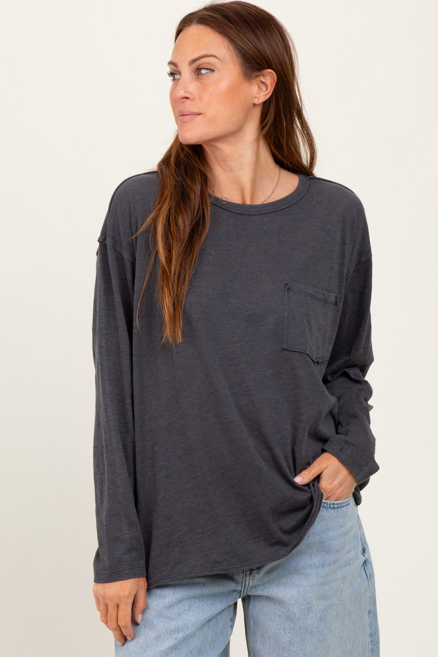 Charcoal Mineral Wash Front Pocket Long Sleeve Maternity Top