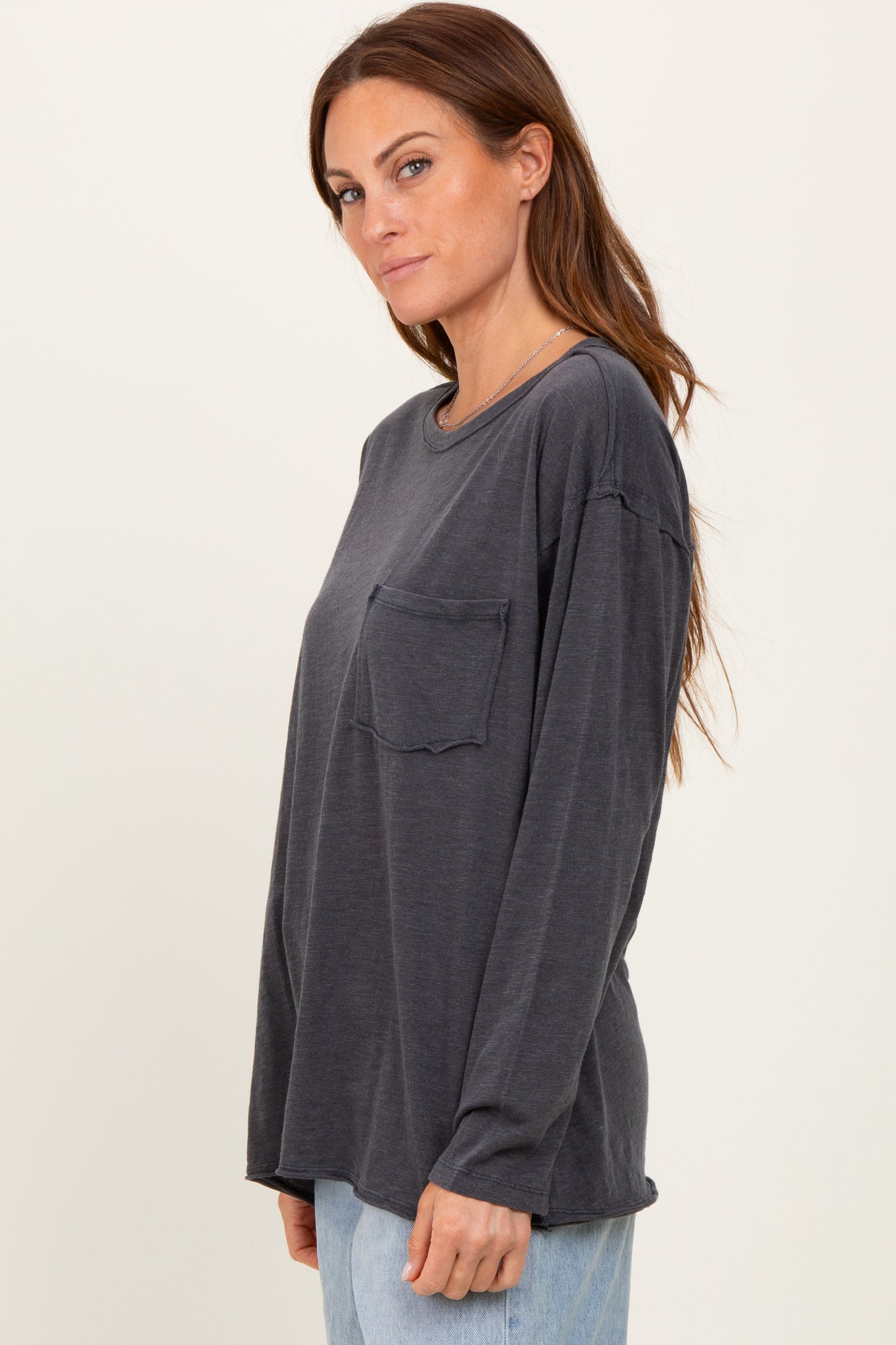 Charcoal Mineral Wash Front Pocket Long Sleeve Top