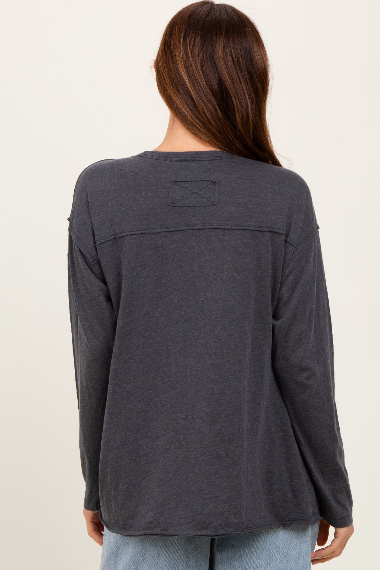 Charcoal Mineral Wash Front Pocket Long Sleeve Top