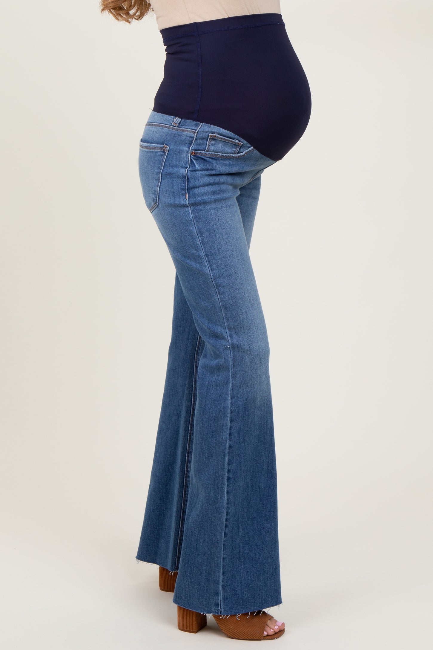 Blue Raw Cut Hem Flare Maternity Jeans