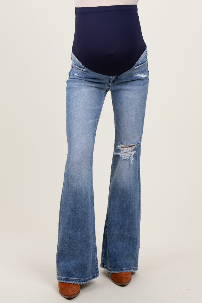 Blue Distressed Knee Flare Maternity Jeans