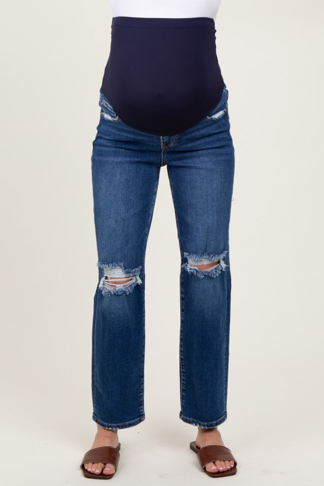 Navy Blue Distressed Open Knee Cropped Maternity Straight Leg Jeans