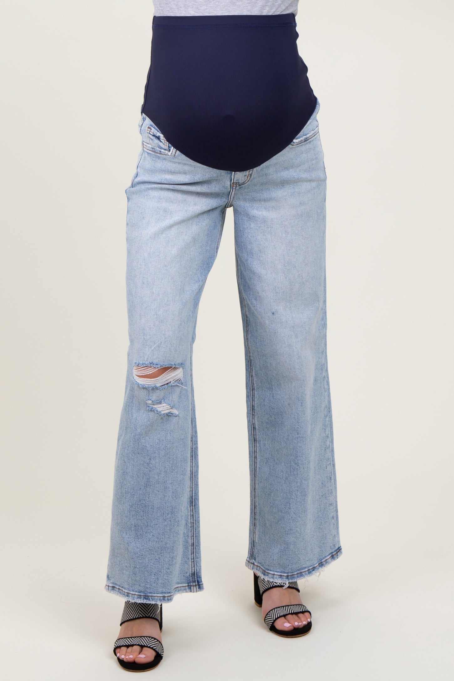 Light Blue Acid Wash Open Knee Wide Leg Maternity Jeans