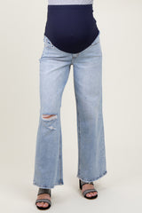 Light Blue Acid Wash Open Knee Wide Leg Maternity Jeans