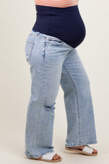 Light Blue Acid Wash Open Knee Wide Leg Maternity Plus Jeans