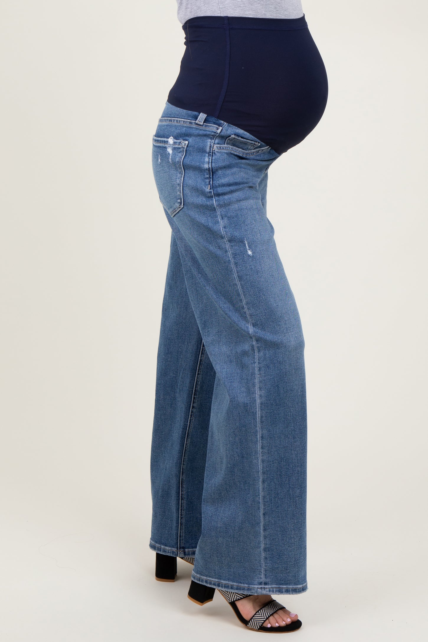 Blue Distressed Open Knee Wide Leg Maternity Jeans