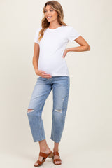 Blue Distressed Open Knee Straight Leg Ankle Maternity Jeans
