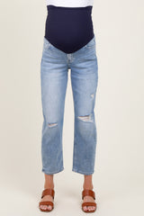 Blue Distressed Open Knee Straight Leg Ankle Maternity Jeans