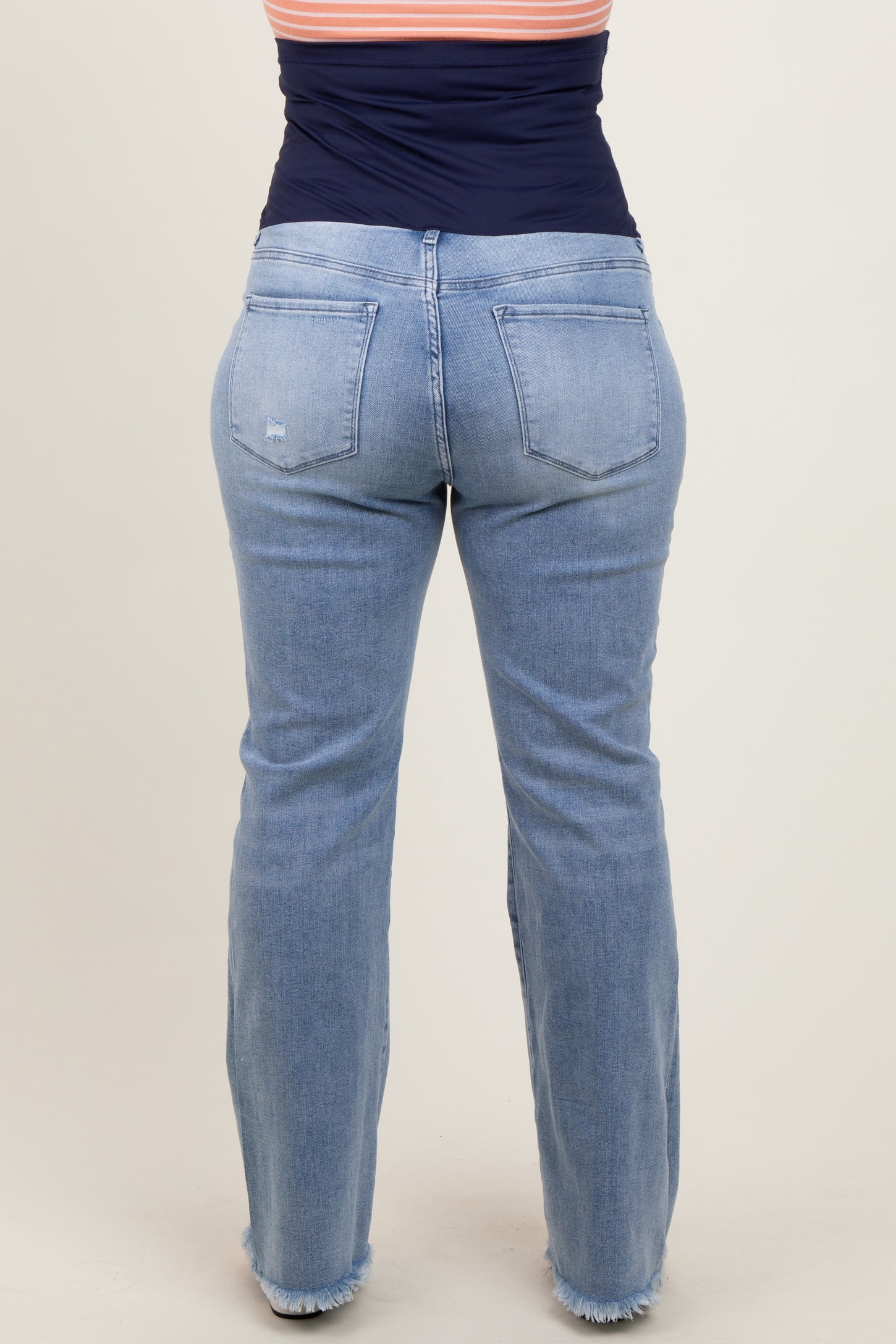 Light Blue Distressed Fringe Hem Flare Leg Maternity Plus Jeans