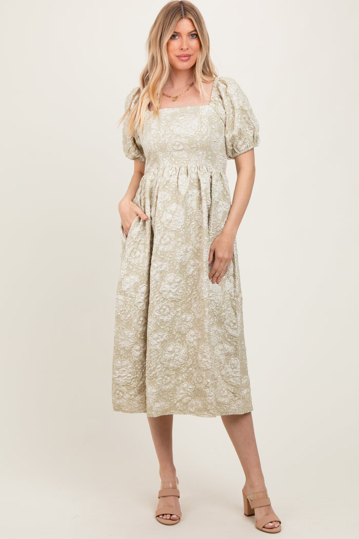 Light Olive Floral Jacquard Knit Puff Sleeves Maternity Midi Dress