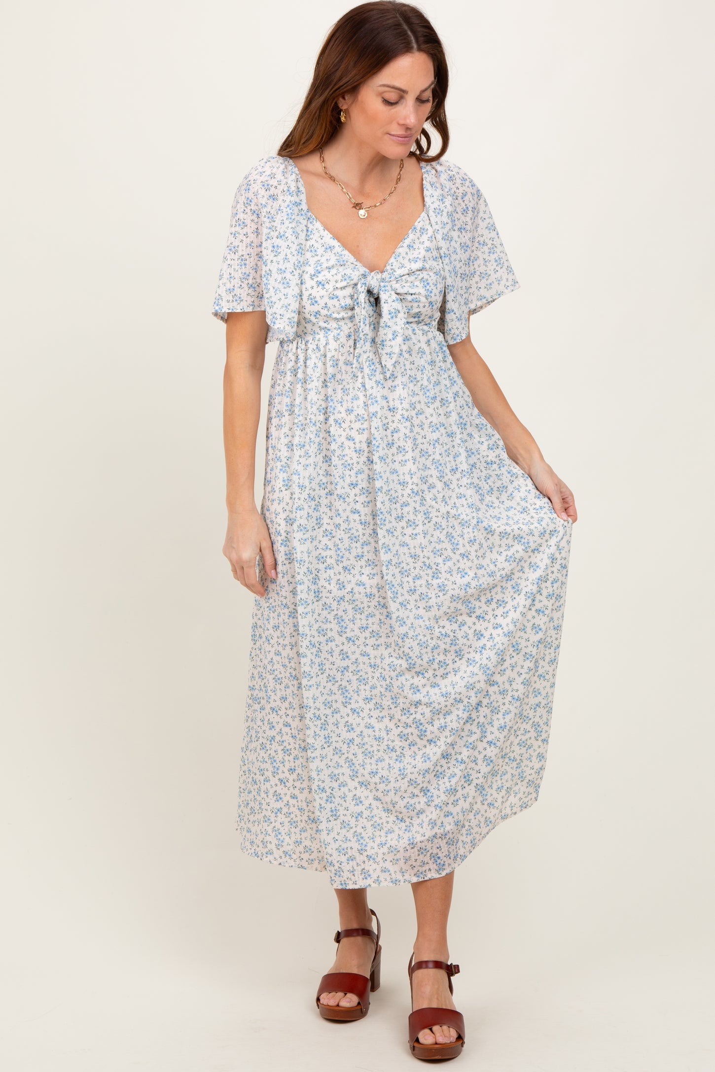 Blue Floral Front Tie Midi Dress