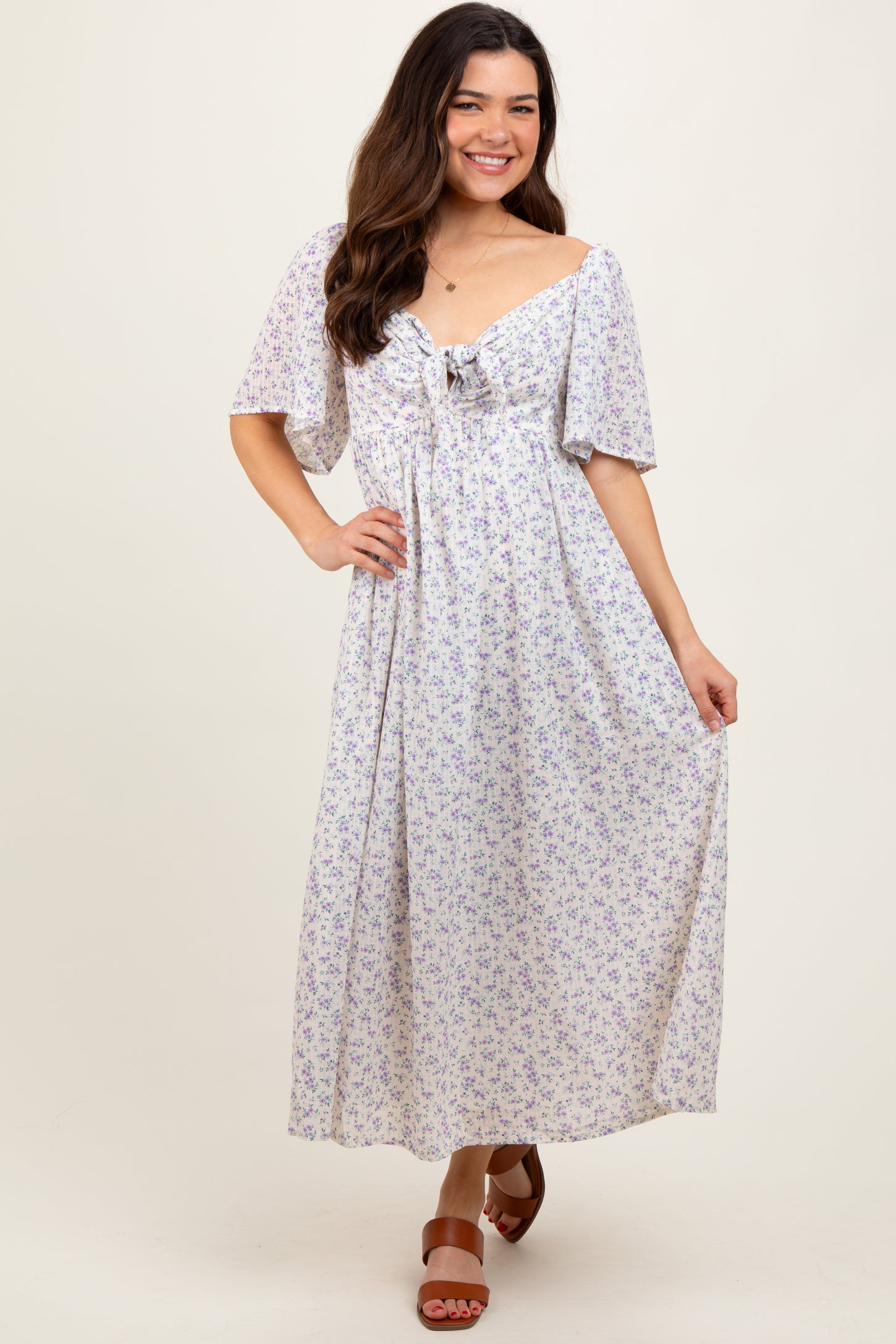 Lavender Floral Front Tie Midi Dress