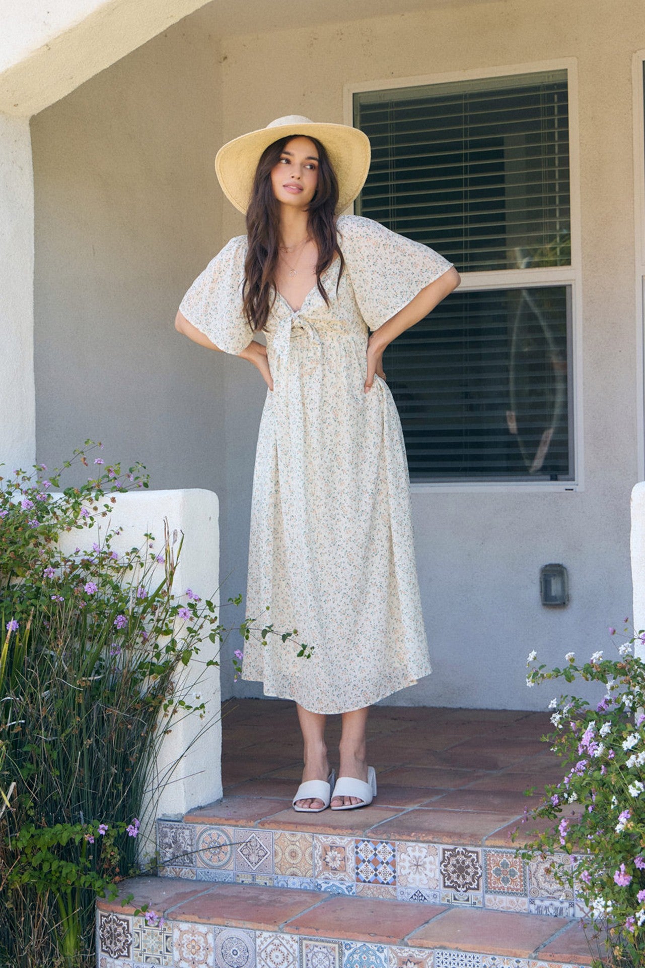 Peach Floral Front Tie Maternity Midi Dress