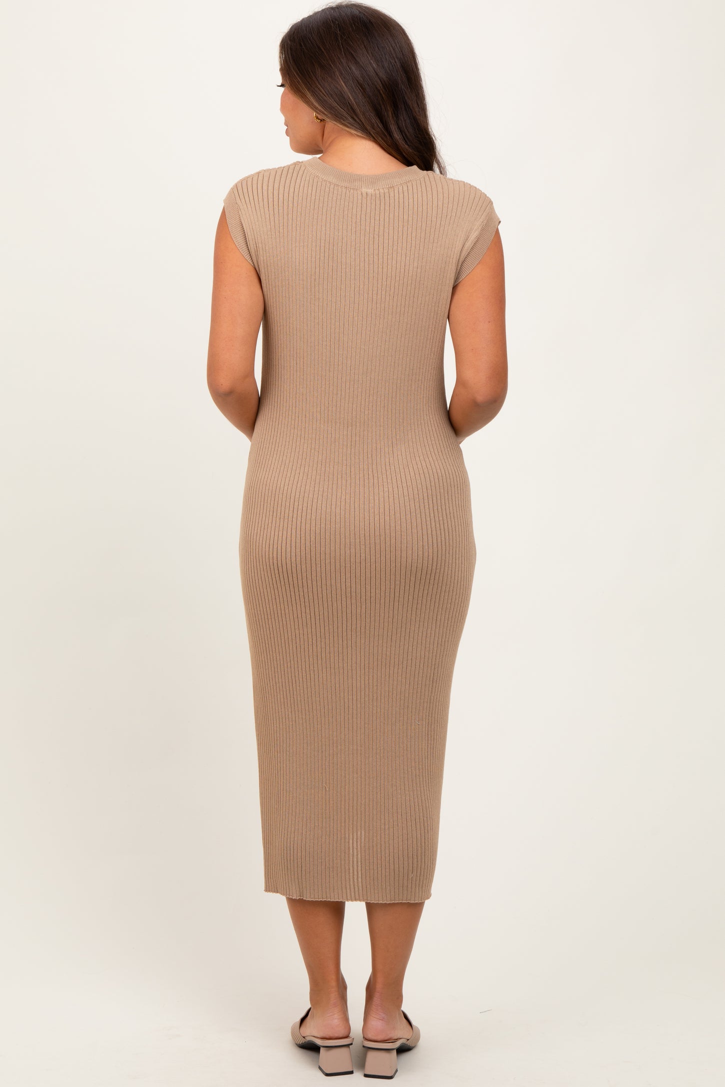 Mocha Ribbed Knit Button Up Sleeveless Maternity Midi Dress