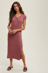 Mauve Ribbed Knit Button Up Sleeveless Maternity Midi Dress