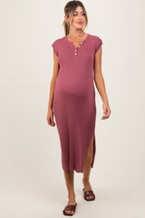 Mauve Ribbed Knit Button Up Sleeveless Maternity Midi Dress