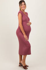 Mauve Ribbed Knit Button Up Sleeveless Maternity Midi Dress